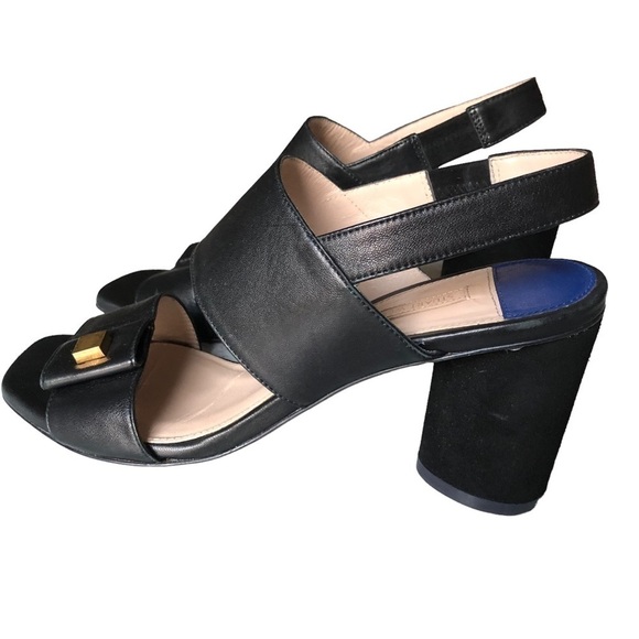 Stuart Weitzman Black Leather Slingback Round Suede Heel Sandal Size 7.5 - Picture 3 of 14